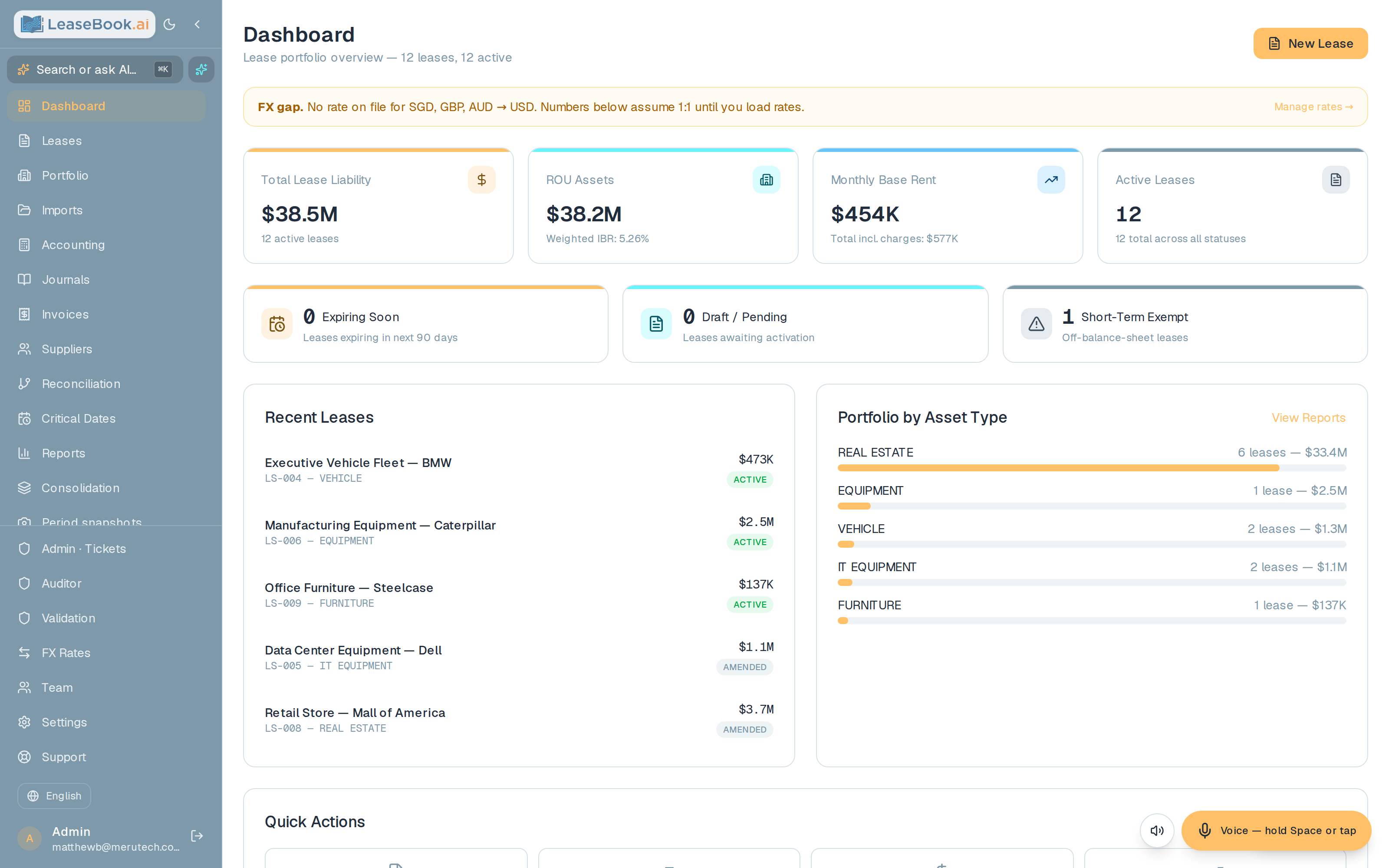 LeaseBook dashboard — portfolio overview